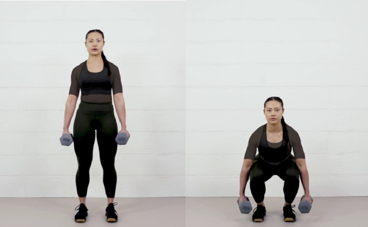 ورزش با دمبل؛ ۲۷ تمرین با دمبل برای تحکیم عضلات_رنگو 79 ورزش با دمبل - اسکوات چمدان