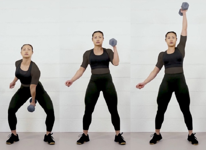 ورزش با دمبل؛ ۲۷ تمرین با دمبل برای تحکیم عضلات_رنگو 78 ورزش با دمبل - اسکوات و پرس سرشانه