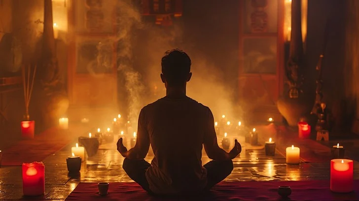 مدیتیشن ماه کامل: چطور از انرژی ماه کامل امشب برای رسیدن به آرزوها منفعت گیری کنیم؟_رنگو 18 مدیتیشن مرد کنار شمع ها