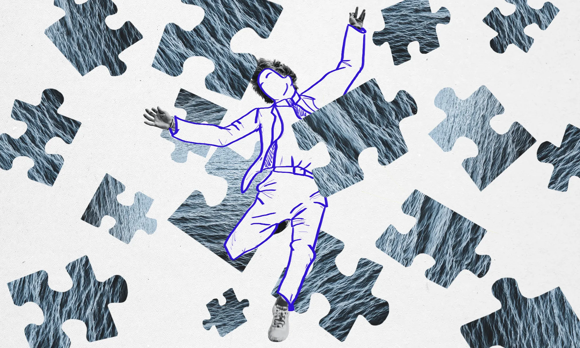 اسکچ مرد رقصان وسط تکه های پازل